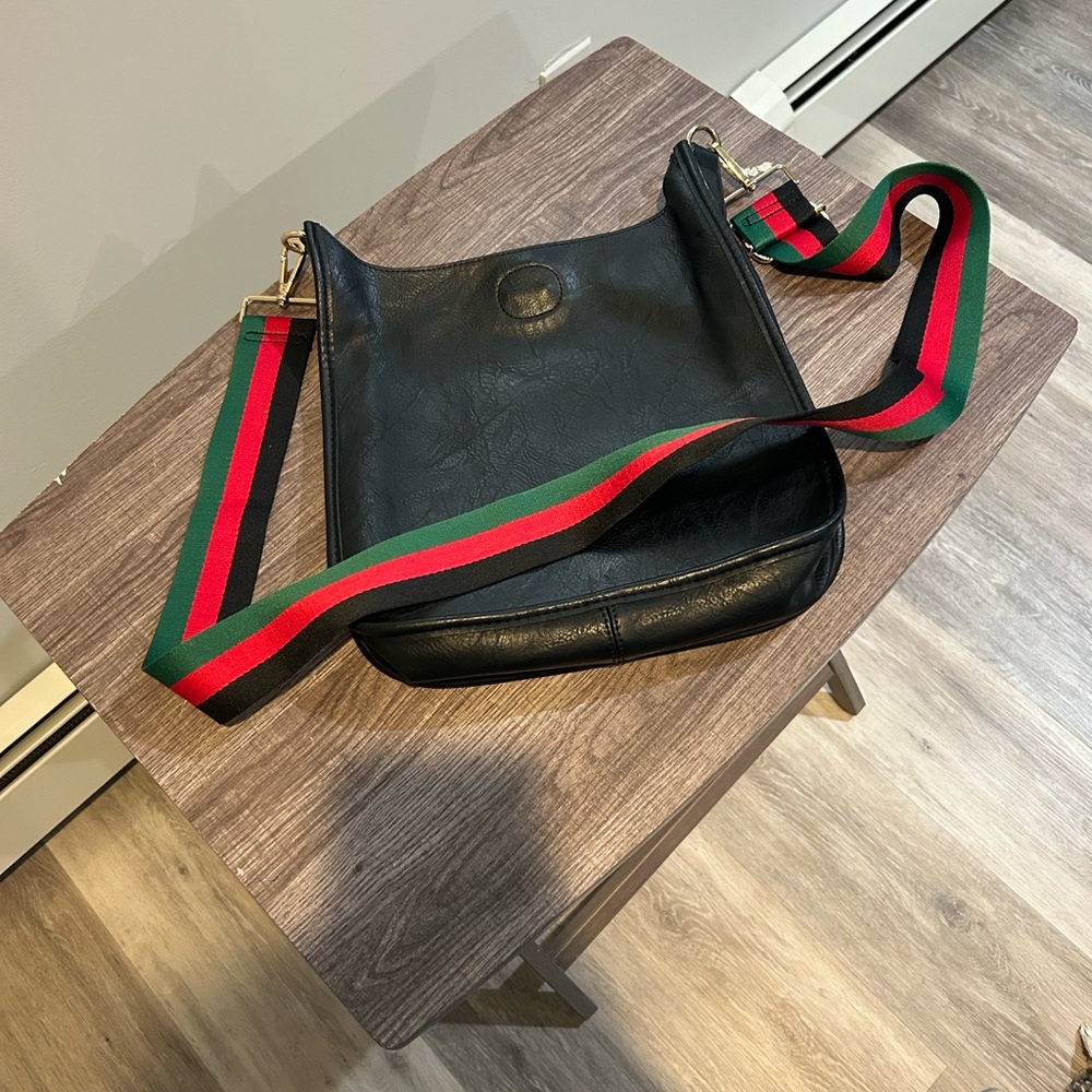 Black Shoulder Bag with Striped Strap